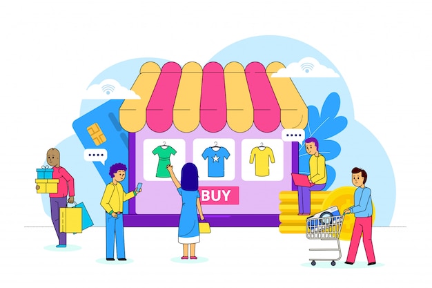 インターネット イラストのオンライン衣料品の買い物 ネットワーク販売の支払い 市場の消費者は衣服を選択します 衣料品店 プレミアムベクター