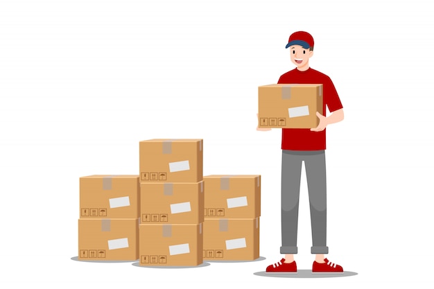 Premium Vector | Online delivery man stand and holding a parcel.