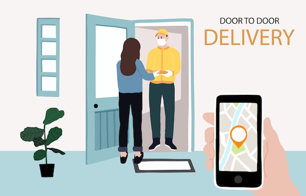 Premium Vector Online Door To Door Delivery Contactless Service To Home Office Delivery Man Is Waring Mark To Prevent Coronavirus