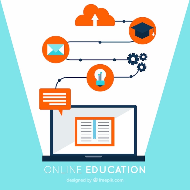 Online education background with laptop and\
orange details
