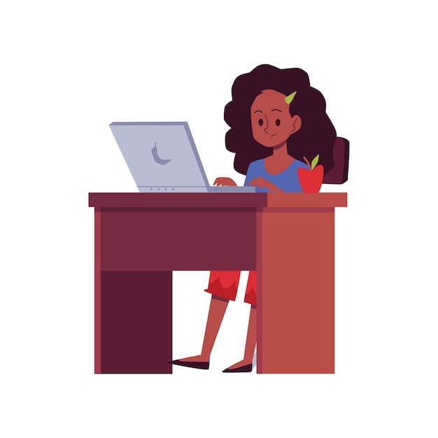オンライン教育のコンセプトアフリカ系アメリカ人の10代の少女漫画のキャラクターの机に座って 勉強して 白い背景のイラスト プレミアムベクター