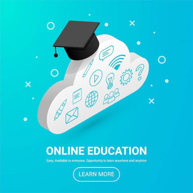 Online education design concept with text and button. banner with isometric cloud, distance study ic