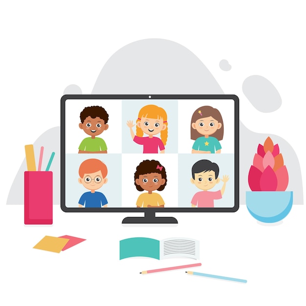 オンライン教育のイラスト コンピューターの画面で笑顔の子供たち 生徒とのテレビ会議 プレミアムベクター