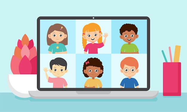 オンライン教育のイラスト ノートパソコンの画面で笑顔の子供たち 生徒とのテレビ会議 プレミアムベクター