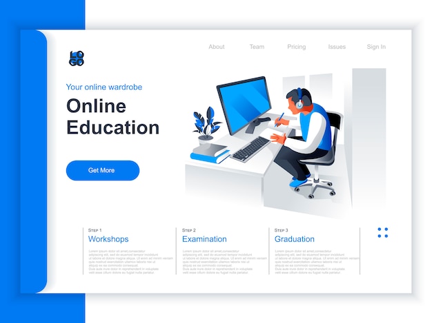 Online Education Isometric Landing Page Young Man Studying With