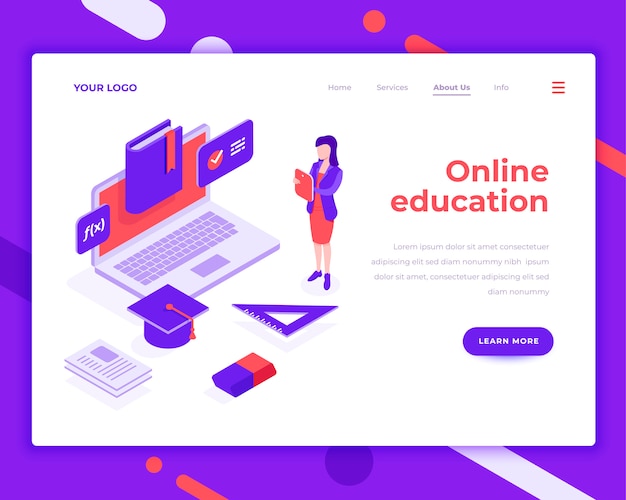 Online education people and interact with laptop isometric vector illustration Premium Vector