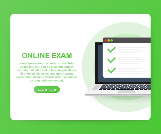 Online exam computer web app. isometric laptop with paper