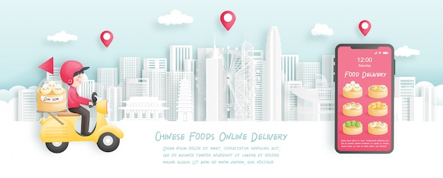 Online food delivery, dim sum and chinese traditional food with delivery boy, hong kong background. 