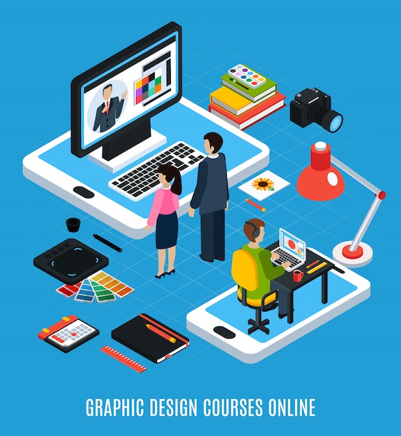 Download Free Vector | Online graphic design courses isometric concept with students computer tablet ...