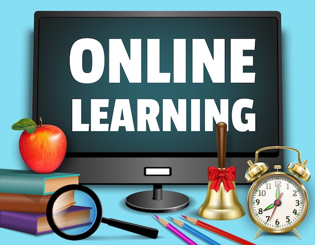 Online learning - back to school web banner. monitor, books, alarm clock, magnifier, bell, apple, sc