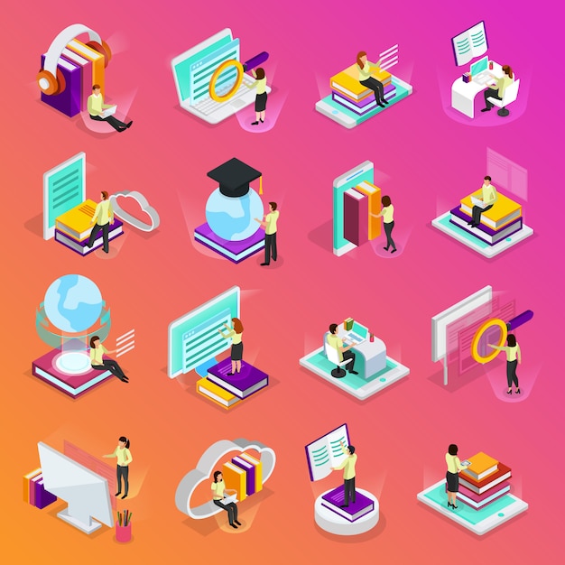 Download Online learning isometric glow icons set of tutorials for ...