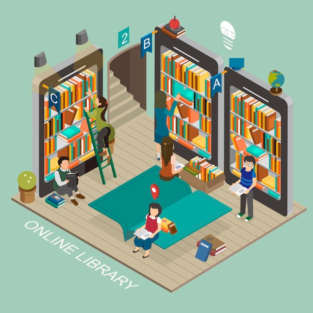 Premium Vector | Online library concept in 3d isometric flat design