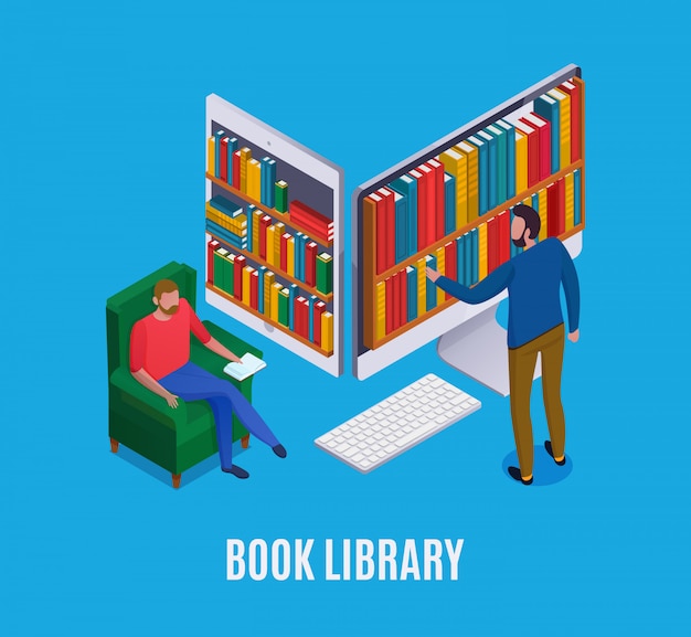 Download Online library concept with abstract computer and man choosing books on blue 3d isometric | Free ...