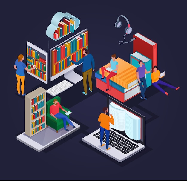 Download Online library concept with reading people electronic devices and book shelves 3d isometric ...