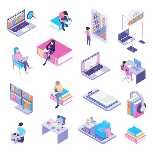 Online library isometric elements collection with laptop electronic catalog web page user headphones Free Vector