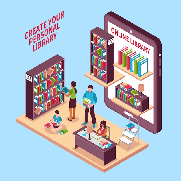 Online Library Isometric | Free Vector