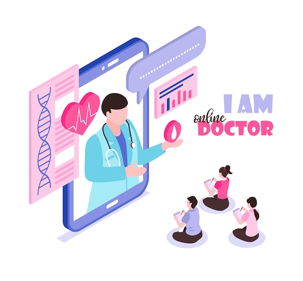 Online medicine concept with people consulting doctor 3d isometric Free Vector
