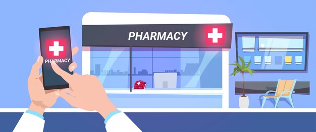 Premium Vector | Online pharmacy store service hand hold smart phone