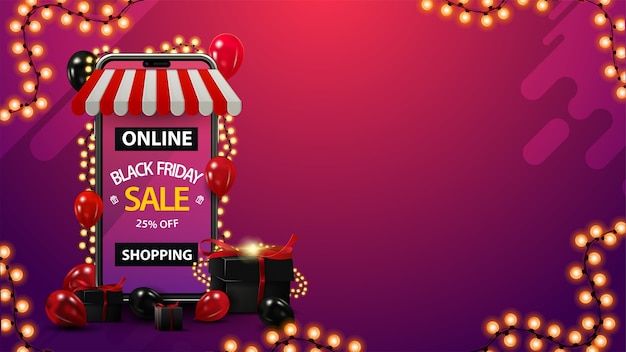 Premium Vector Online Shopping Black Friday Sale Up To 25 Off Purple Discount Template With Copy Space Volumetric Smartphone Wrapped With Garland And Presents Around