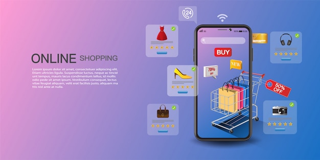  Online shopping concept, digital marketing on website and mobile application.