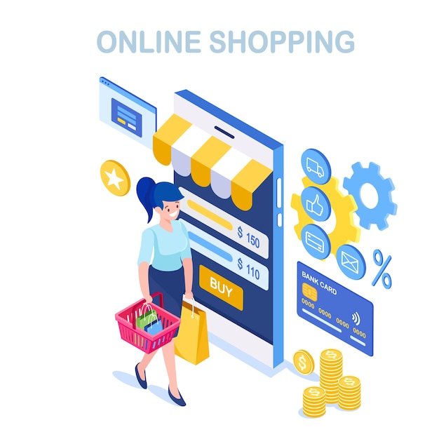Online shopping , sale concept. buy in retail shop by internet.  isometric woman with basket, bag, m