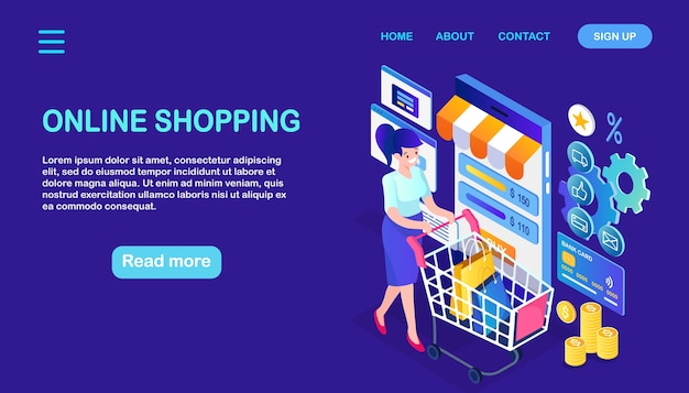 Online shopping , sale concept. buy in retail shop by internet.  isometric woman with cart, trolley 