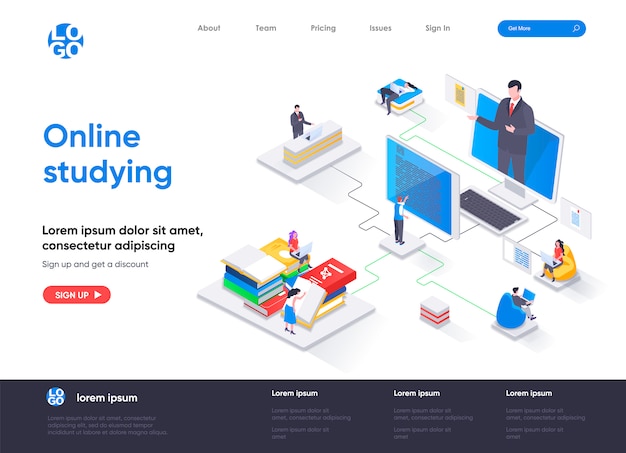 Online studying isometric landing page template Premium Vector