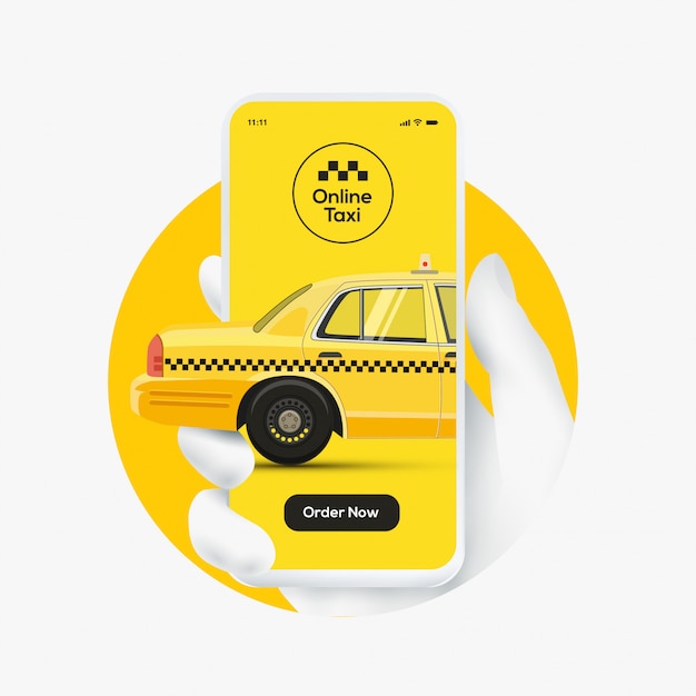 オンラインタクシー注文の概念 黄色のタクシーのシルエットを持つスマートフォンを保持している白い手のシルエットと黄色の背景に今すぐ注文ボタン プレミアムベクター