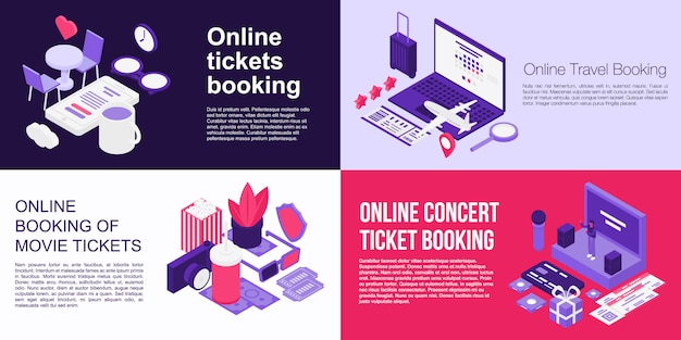 Online tickets booking banner set, isometric style ...