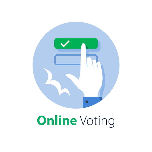オンライン投票 完全な電子フォーム インターネット教育と試験 手指でボタンを押す 回答を選択 Web登録 イラスト プレミアムベクター