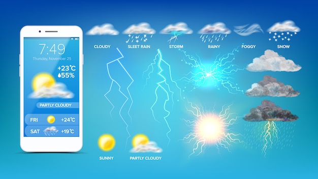 スマートフォン画面上のオンライン天気ウィジェット プレミアムベクター