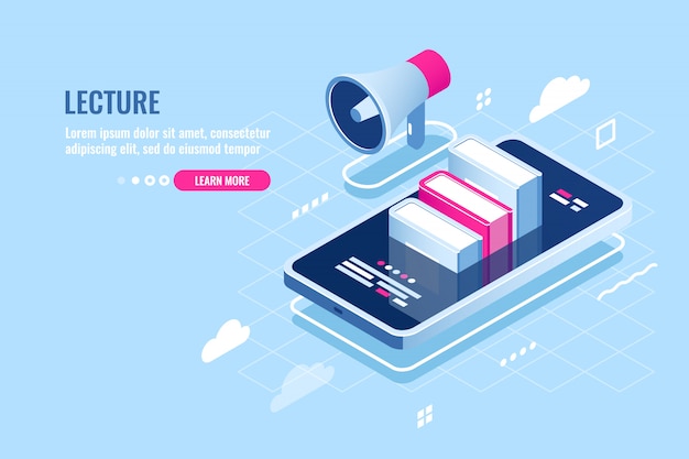 Online webinar isometric icon, internet course, mobile phone with book on screen Free Vector