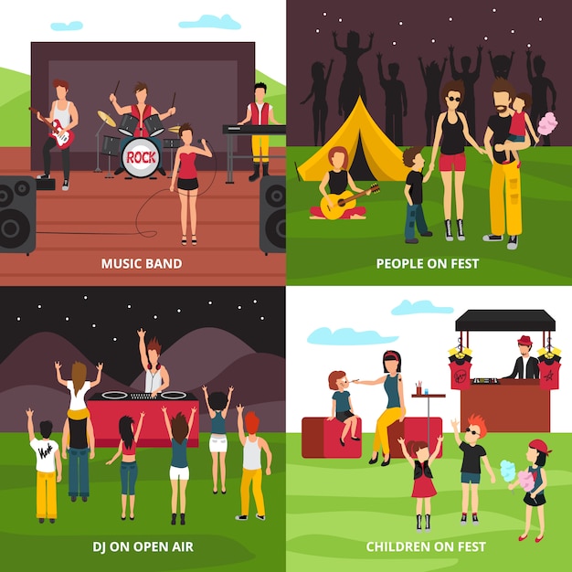 Open air festival design concept with flat people characters dancing playing music relaxing in camping park Free Vector