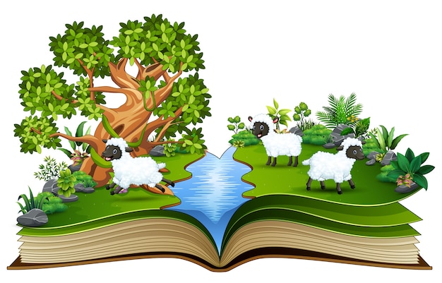 Download Premium Vector Open Book With Group Of Sheep Cartoon Playing In The River PSD Mockup Templates