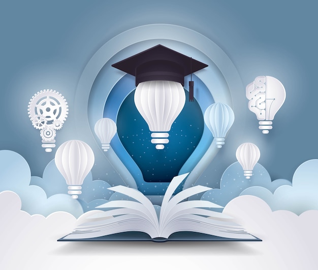 Open book with light bulb and graduation cap, university education concepts Premium Vector