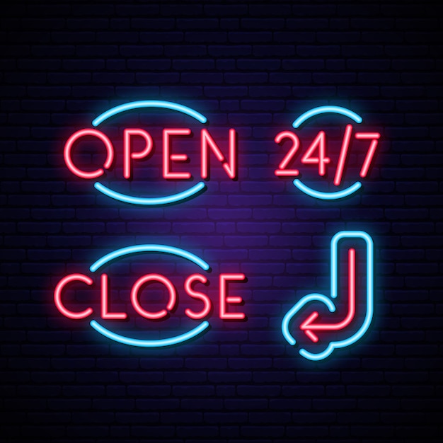 Open, close, 24/7 and arrow neon signs. Vector | Premium Download