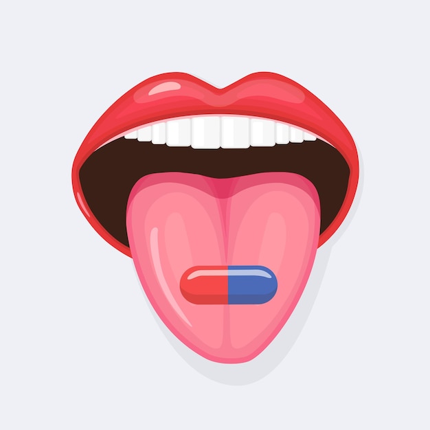 Premium Vector Open Mouth With Tongue Sticking Out And A Pill On It