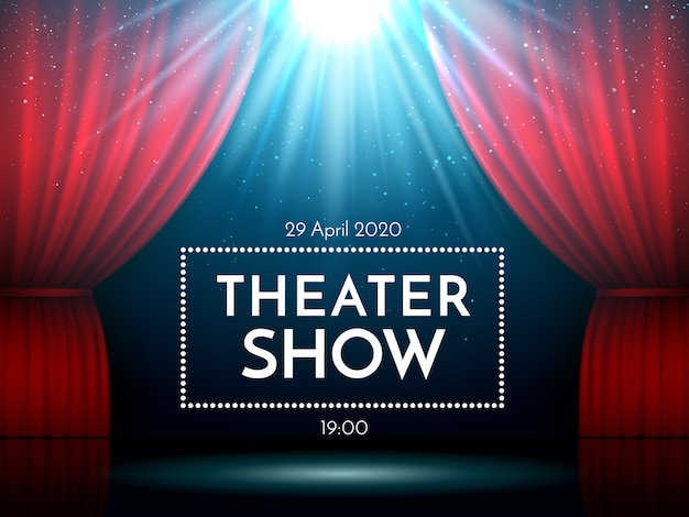 Open red curtains on stage illuminated by spotlight. dramatic theater or opera show scene. Premium Vector