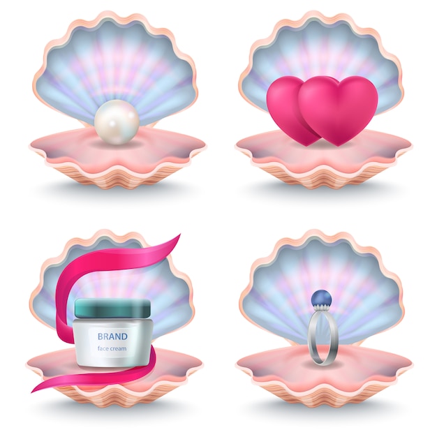 Open rosy shells with face cream bottle, two pink hearts, wedding ring with stone and pearl inside. vector seashells Premium Vector