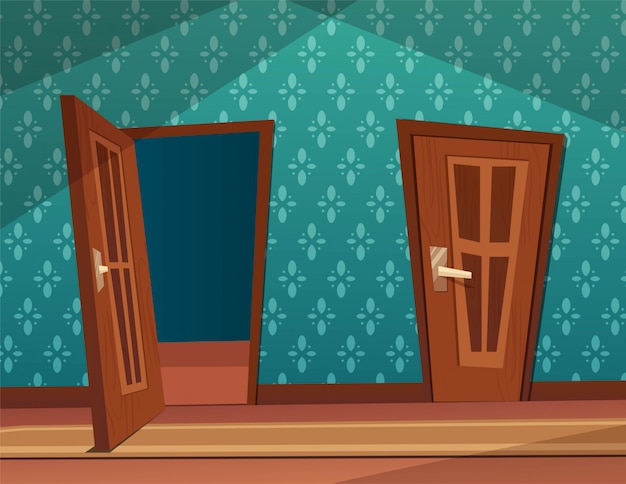 内部の木製ドアの開閉 フラット漫画イラスト プレミアムベクター