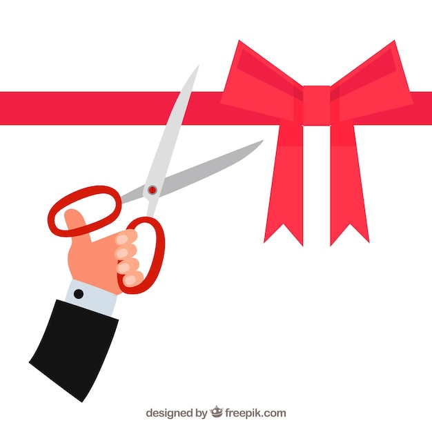 Opening background with scissors cutting a ribbon with a ribbon Free Vector