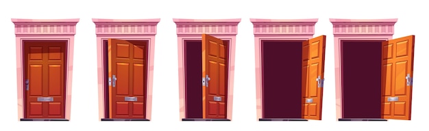 石造りのフレームが白い背景で隔離の木製の正面玄関を開きます 家の入り口 茶色の閉じた 半開き 開いたドア の漫画セット スプライトアニメーションまたは2dゲームのイラスト 無料のベクター