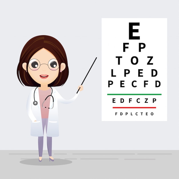 眼科のコンセプト 眼科医が視力検査表を指しています 視力検査と矯正 ベクトル イラスト プレミアムベクター
