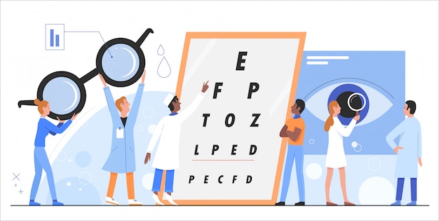 眼科のイラスト 漫画フラットドクター眼科医眼科医文字チェック 患者の目の健康状態をスネレン視力検査で検査 分離された診療所診察 プレミアムベクター