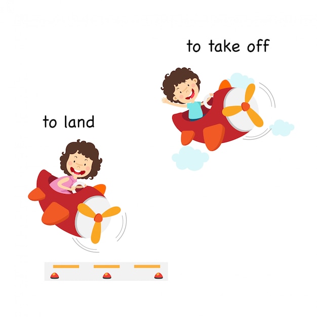 Premium Vector | Opposite words to land and to take off illustration