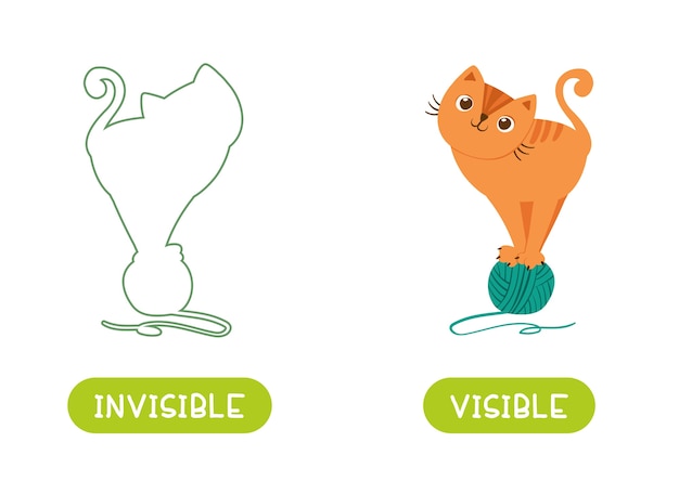 コンセプトの反対 Visibleとinvisible 言語学習のためのワードカード 猫はこの猫の毛糸とシルエットのボールの上に立っています 子供のベクトルテンプレートの反意語とフラッシュカード 無料のベクター