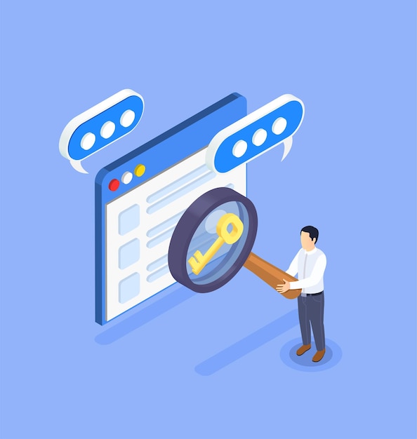 Optimization and keyword searching isometric composition with character holding magnifying glass illustration Free Vector