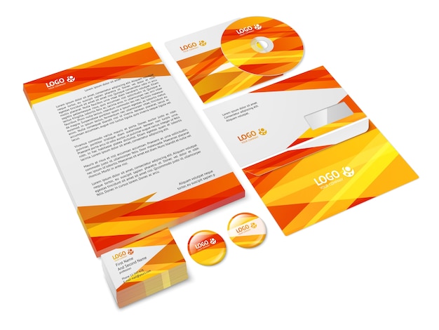 Orange abstract business company stationery\
template for corporate identity and branding set isolated vector\
illustration