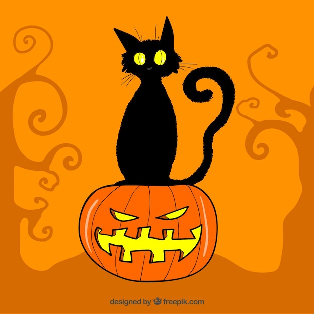 Orange background with black cat and\
pumpkin