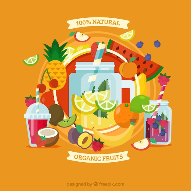 Orange background with variety of fruits and\
containers in flat design